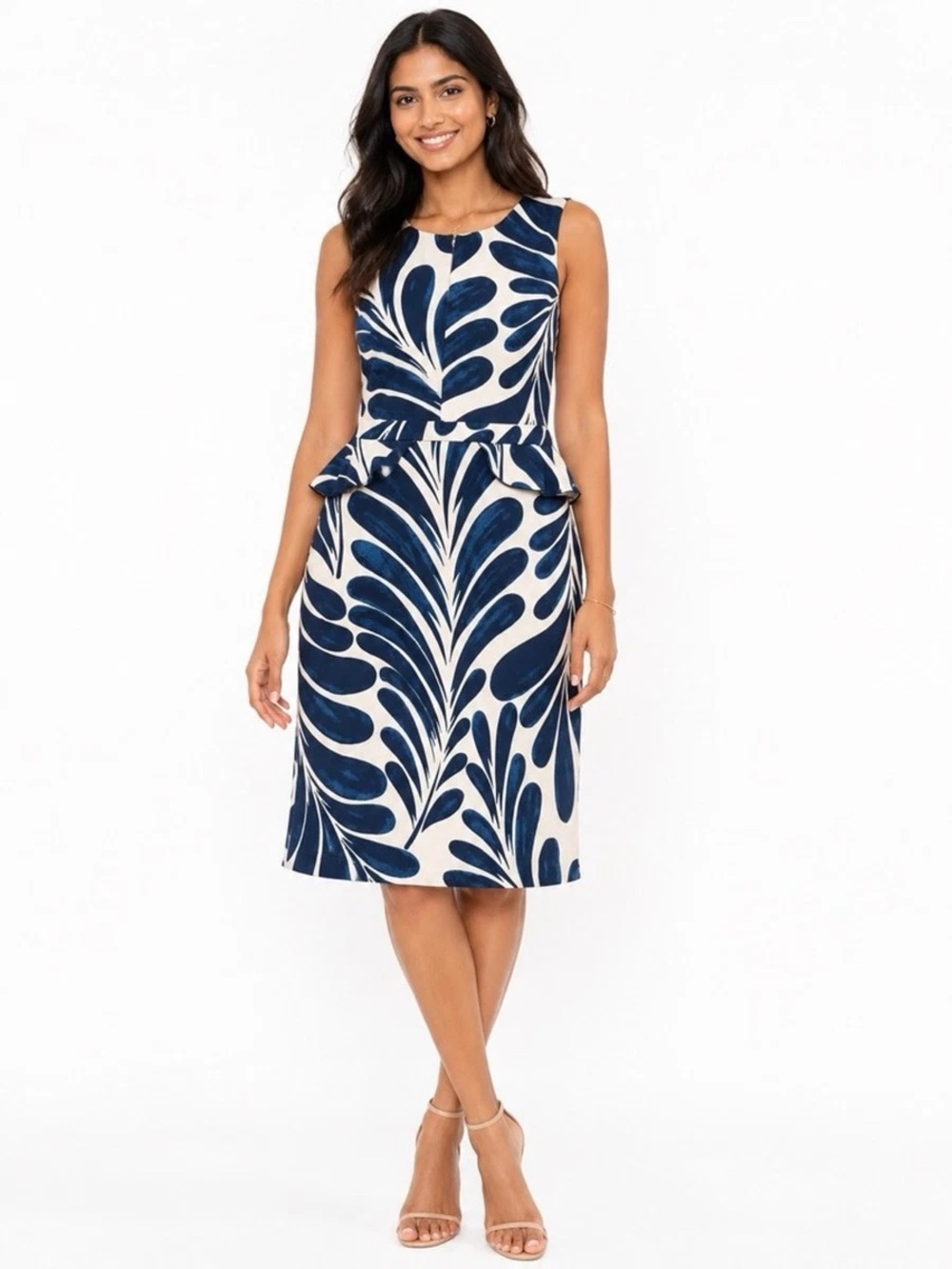 Ann Taylor Navy Beige Peplum Sleeveless Sheath Work Dress